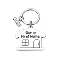 Polished silver stainless steel house-shaped keychain engraved with Our First Home 2024 - Our First Home (2024)