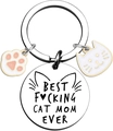 Cat Mom Ever stainless steel keychain with pink paw and white cat head enamel charms - Cat Mom Style (Silver)