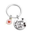 Stainless steel Crazy Cat Lady keychain with engraved cat silhouette and pink heart charm - Crazy Cat Lady