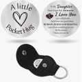 Stainless steel pocket hug token with heart engraving and black leather keychain case - Individual OPP Bag Packing / To My Daughter