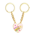 Pink heart-shaped couple keychain with rainbow and daisy patterns in golden finish - Pink