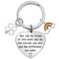 Polished stainless steel heart keychain with clover and rainbow charms for gifts - Clover Rainbow (English Quote)