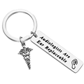 Silberner Audiologen-Schlüsselanhänger aus Edelstahl mit Caduceus und Gravur-Plakette - Audiologists Ear Replaceable Balken Stil