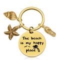 Llavero de playa dorado en acero inoxidable con colgantes de estrella de mar y chancla - Dorado