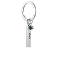 Silver stainless steel May birthstone keychain with dark green gem and engraved metal bar - May