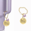 Golden Stanley cup charm with purple butterfly and inspirational engraved disc pendant - Purple