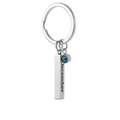 Silver stainless steel December birthstone keychain with sky blue gem and engraved tag - December