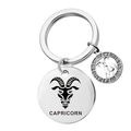 Llavero de Capricornio de acero inoxidable plateado con grabado de cabra y dije redondo - Capricornio
