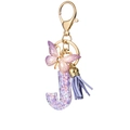 Letter J resin keychain with purple glitter, golden butterfly and suede tassel - Purple J