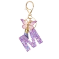 Purple resin letter M keychain with butterfly pendant and colorful star sequins - Purple M