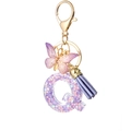 Purple glitter resin letter Q keychain with butterfly charm and purple tassel - Purple Q