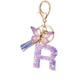 Purple resin letter R keychain with glitter, butterfly charm, and lavender tassel - Purple R