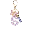 Purple resin letter S keychain with sparkly sequins, butterfly charm and tassel - Purple S