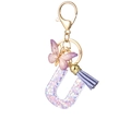 Purple resin letter U keychain with butterfly pendant and gold lobster clasp for bags - Purple U