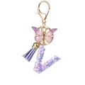 Letter V purple glitter resin keychain with gold butterfly and lavender tassel - Purple V