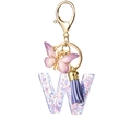 Letter W purple resin keychain with glitter butterfly charm and leather tassel - Purple W