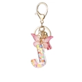Pink resin letter J keychain with glitter heart sequins, butterfly charm and tassel - Resin J