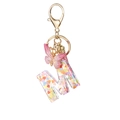 Pink resin letter M keychain with heart sequins, butterfly charm and golden clasp - Resin M