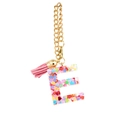Letter E resin keychain with colorful heart sequins, gold chain, and pink tassel charm - Letter E