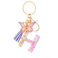 Porte-clés lettre H en résine violette avec paillettes, papillon et pompon - Paillettes Violettes Gland Lettre H