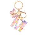 Porte-clés lettre M en résine avec paillettes cœur violettes, papillon et pompon - Paillettes Violettes Gland Lettre M