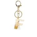 Letter F resin keychain with white tassel and gold foil flakes in clear stone finish - White Tassel F