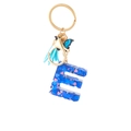 Blue resin letter E keychain with glitter hearts, silk tassel and butterfly charm - Blue Heart Butterfly Letter E