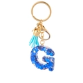 Letter G resin keychain featuring blue heart sequins and a matching light blue tassel - Blue Heart Butterfly Letter G