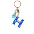 Blue resin letter H keychain with blue leather tassel and heart glitter sequins - Blue Heart Butterfly Letter H