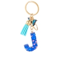 Blue resin letter J keychain with heart sequins, light blue tassel and butterfly charm - Blue Heart Butterfly Letter J