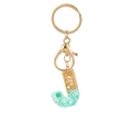 Letter J resin keychain with green stones and gold foil flakes on a gold metal ring - Letter J Style