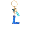 Blue resin letter L keychain with heart sequins, blue butterfly and gold tassel charm - Blue Heart Butterfly Letter L