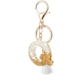 Letter Q resin keychain with white stones, gold foil, and matching white tassel charm - White Tassel Q