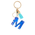 Blue resin letter M keychain with heart sequins and sky blue tassel ornament - Blue Heart Butterfly Letter M