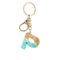 Letter P keychain pendant with green stones and gold foil inside clear resin - Letter P Style