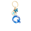 Letter Q resin keychain with blue heart sequins, butterfly charm and blue tassel - Blue Heart Butterfly Letter Q