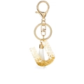 Letter U crystal resin keychain with gold foil flakes and white tassel accessory - White Tassel U