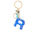 Resin key ring with blue letter R shape featuring glitter heart and butterfly charms - Blue Heart Butterfly Letter R