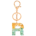 Letter R resin keychain with gold foil and green stones, rose gold hardware - Letter R Style