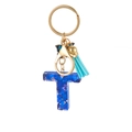 Blue resin letter T keychain with heart sequins, teal tassel, and gold lobster clasp - Blue Heart Butterfly Letter T