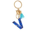Blue resin heart glitter letter V keychain with golden butterfly and light blue tassel - Blue Heart Butterfly Letter V