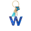 Blue resin letter W keychain with blue glitter, tassel, and butterfly charm detail - Blue Heart Butterfly Letter W