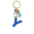 Blue resin letter Y keychain with butterfly charm and tassel on a gold metal ring - Blue Heart Butterfly Letter Y