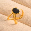 Fashionable geometric gold ring with black oval stone and unique split-band design - Gold Black Style (J949-G-B)