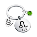 Silver Leo zodiac stainless steel keychain with green birthstone and brave heart pendant - Leo