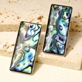 Pendientes rectangulares con nácar de abulón natural y marco de acero plateado pulido - Pendientes de Botón Rectangulares de Abulón (D570-S-B)