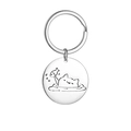 Ronde roestvrijstalen sleutelhanger in zilver met gegraveerde minimalistische kat en vis - Kat vangt vis / Staalkleur