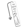 Detail of silver brushed metal bookmark with cat illustration and heart paw pendant - Cat D