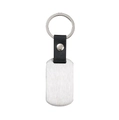 Close-up of rectangle brushed stainless steel tag and black leather keychain loop - 50*28MM / Silver
