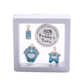 Newborn gift set with blue enamel pendants and baby decision coin in white floating frame - Cartoon Baby Blue Style C